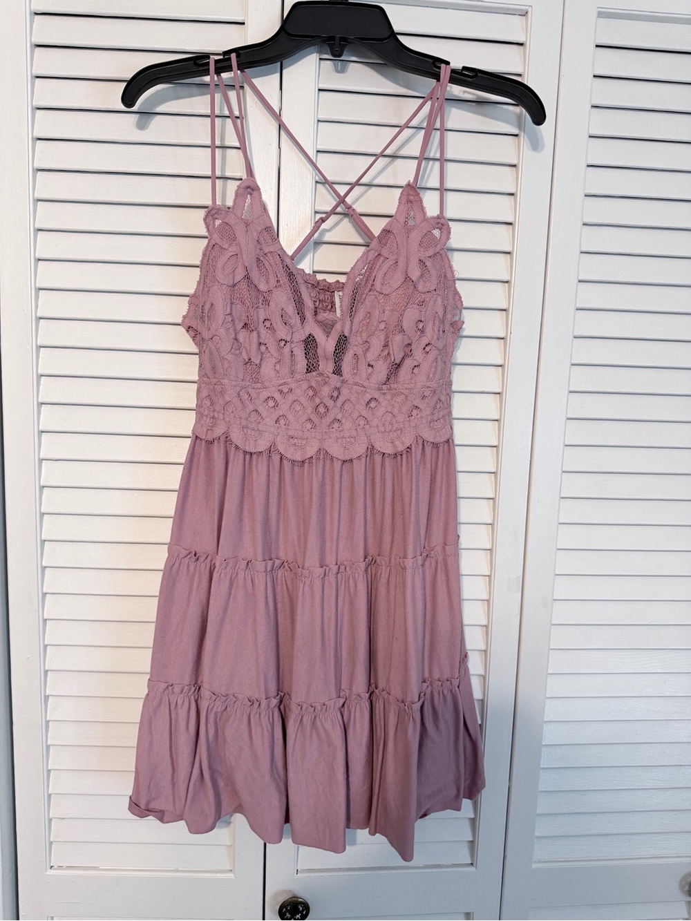 Zenana Outfitters Mauve Pink Lace Bodice Tiered Mini Dress